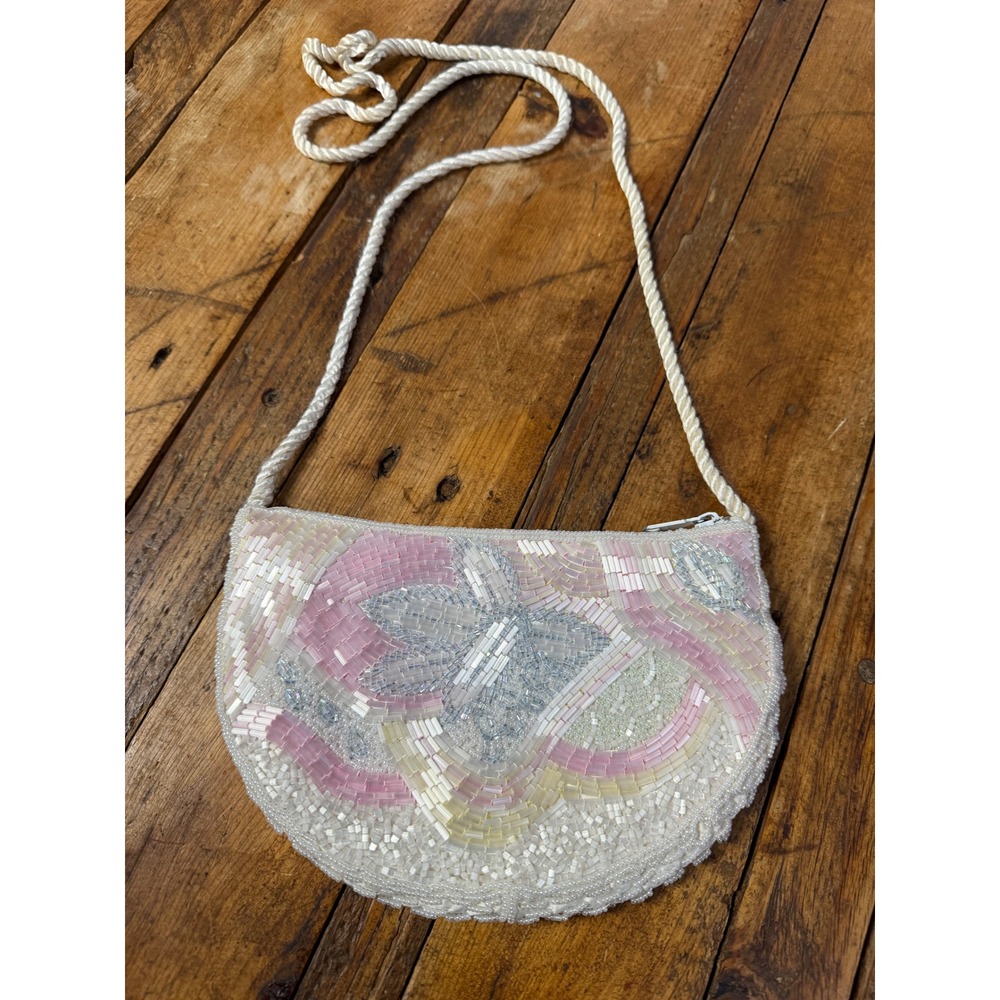 Vintage Style Beaded Evening Purse Pink Ivory Fairycore Coquette Formal Bag